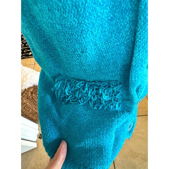 Lisa International Turquoise Chenille Button Cardigan Sweater Fringe Collar M - Picture 9 of 9